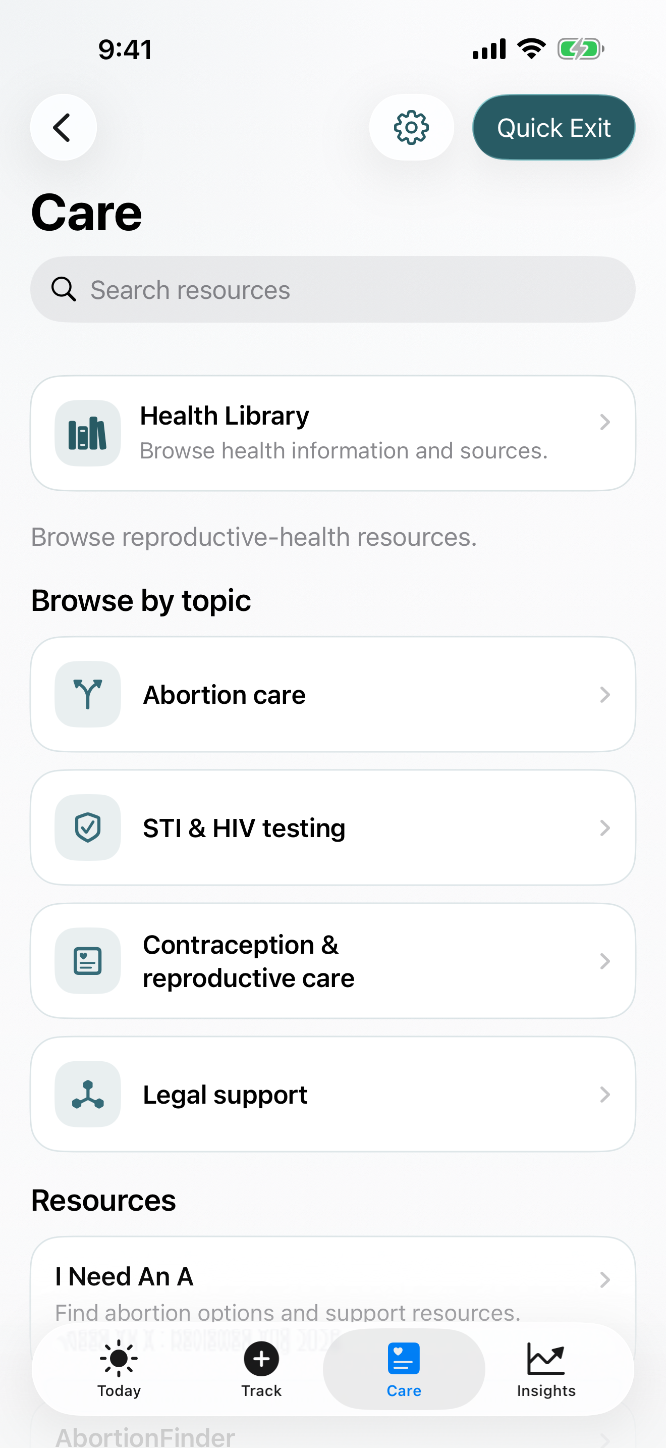 Arveli Care view with private appointment preparation, trusted resources, and clear boundaries before leaving the app.