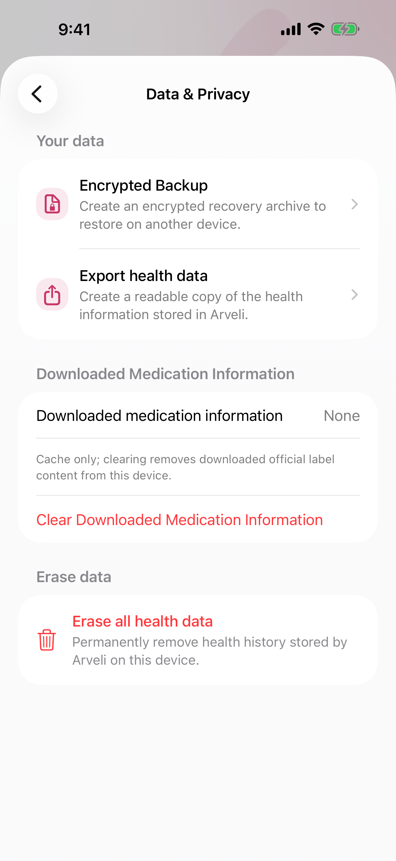 Arveli Privacy and Security settings with app lock, encrypted backup, and Apple Health controls.