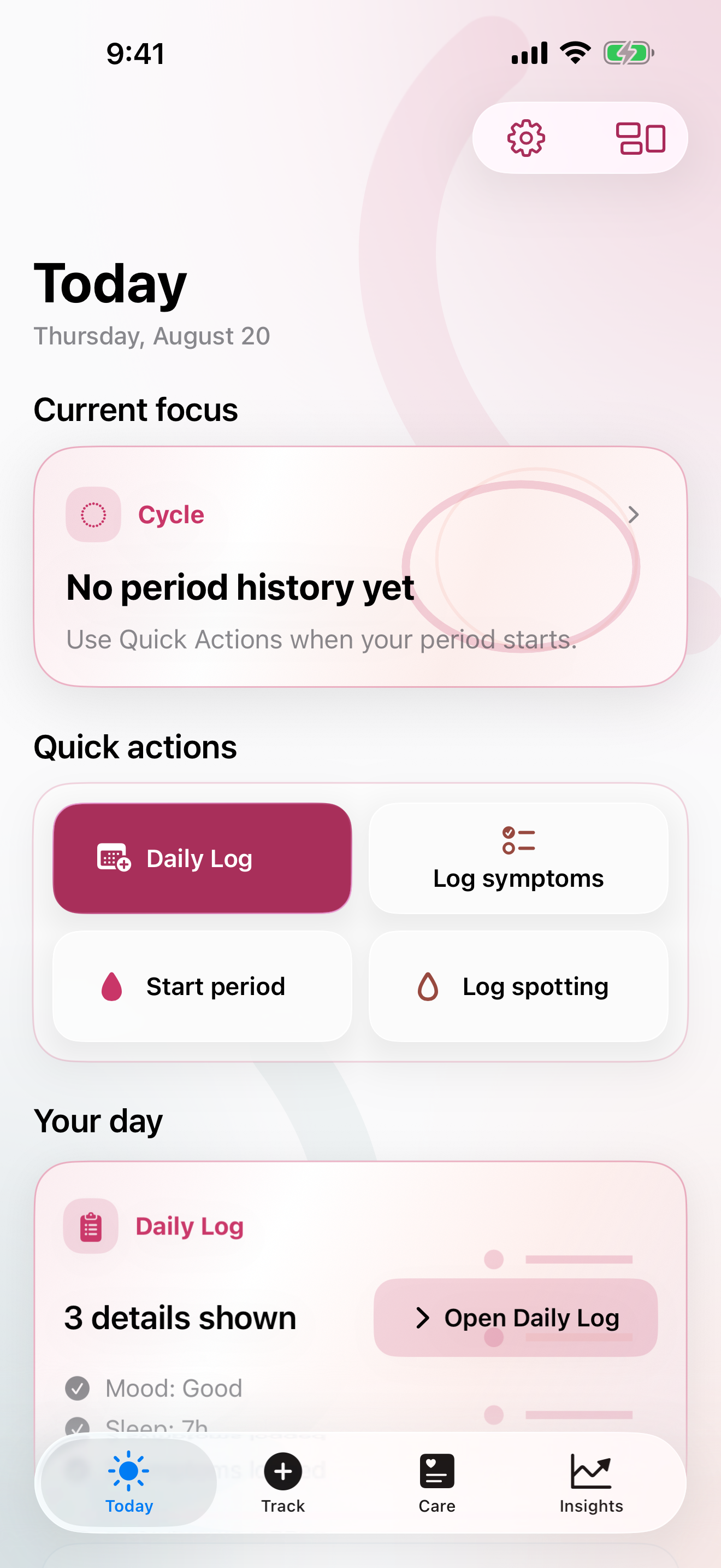 Arveli Today screen showing a private daily health record with cycle, symptoms, and care context.