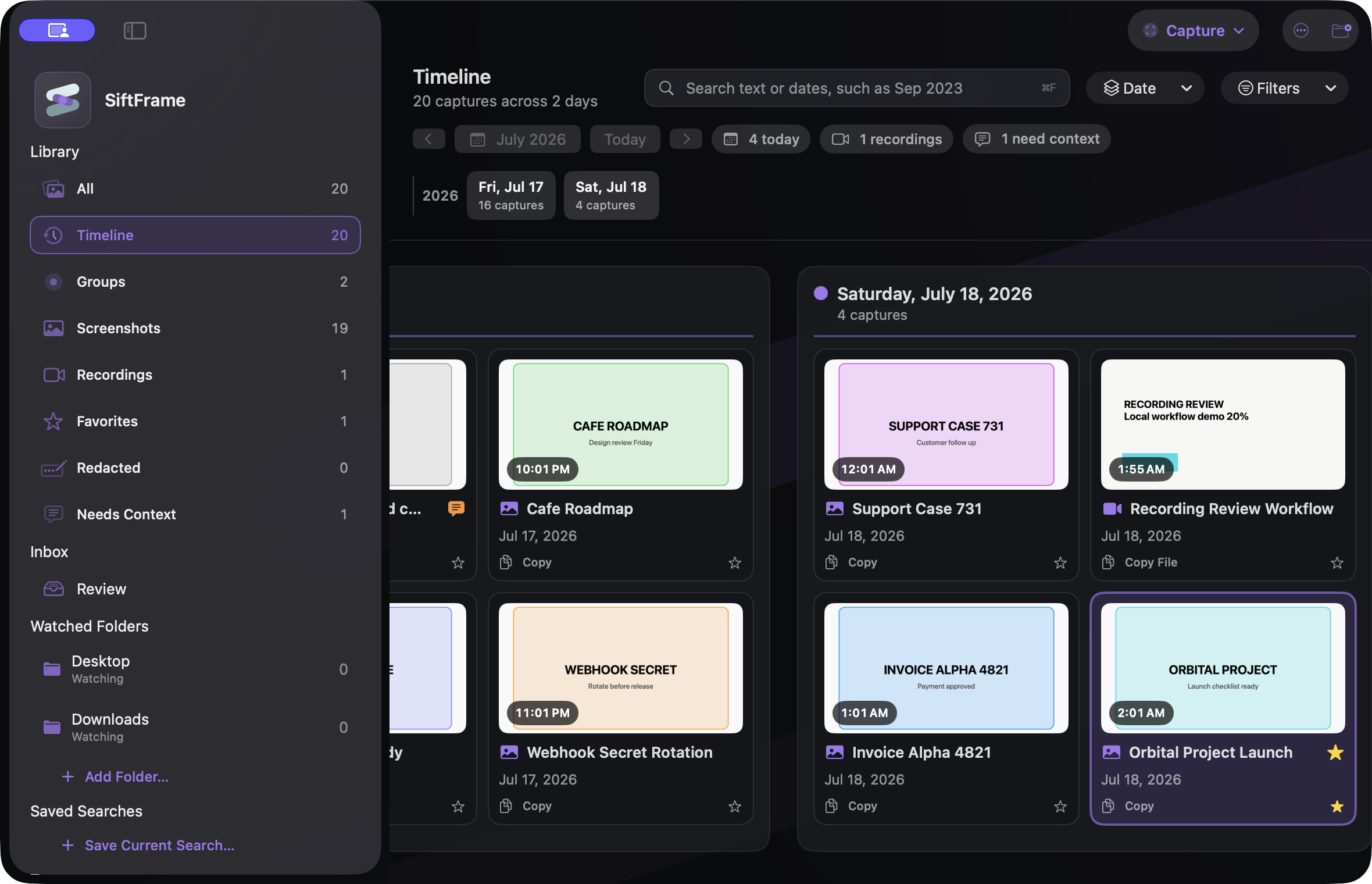 SiftFrame Timeline in dark mode organizing related Mac captures